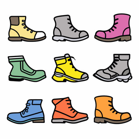 Collection various colorful boots, nine different styles colors, fashion footwear illustration. Cartoon boots, casual trendy, isolated white background, fashion accessory drawing. Bold outlines flatのイラスト素材