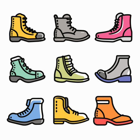 Nine various boots colorful outline cartoon vector illustration isolated white background. Collection different styles footwear ankle high shoes vibrant trendy fashion. Casual sporty city walkingのイラスト素材