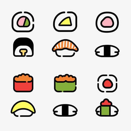 Colorful illustrated sushi set featuring different sushi rolls nigiri. Nine icons simple line art bold outlines depict various types rice dishes. Japanese cuisine symbols suitable menu design, foodのイラスト素材