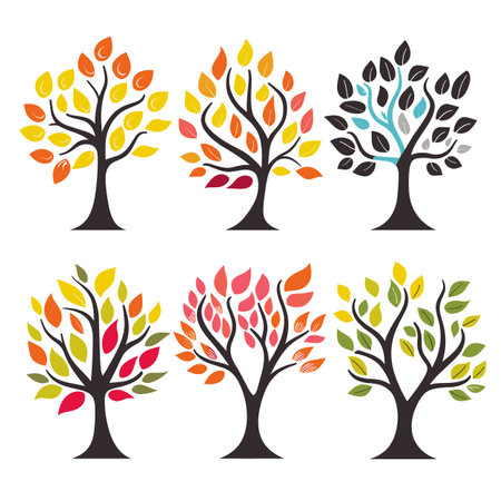 Set six stylized trees colorful leaves isolated white background. Graphic design elements nature seasons diverse leaf shapes. Multicolor foliage black trunk simple art trees collectionのイラスト素材
