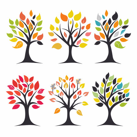 Six stylized trees, unique color scheme leaf pattern. Vector art autumn trees multicolored leaves against white background. Simple tree designs highlighting different seasons, suitable thematicのイラスト素材