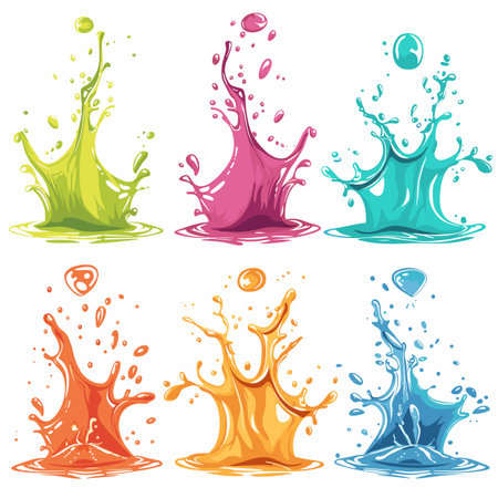 Colorful liquid splashes set isolated white background, vibrant splash liquid design element cartoon style. Paint splatter variety six colors depicting dynamic motion, creativity art conceptのイラスト素材