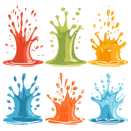 Six colorful liquid splash designs representing various splash effects. Graphic cartoon splashes red, green, yellow, blue, orange, light blue. Cartoon paint splat, liquid burst, icons, isolatedのイラスト素材