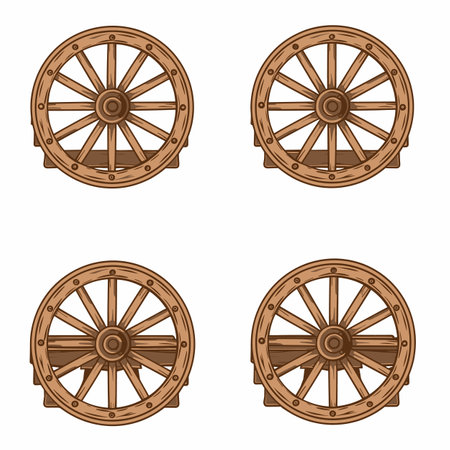 Four wooden wagon wheels isolated white background. Detailed wooden cartwheels suitable carriage western themed designs. Rustic brown spokes rims, vintage transport component illustrationのイラスト素材