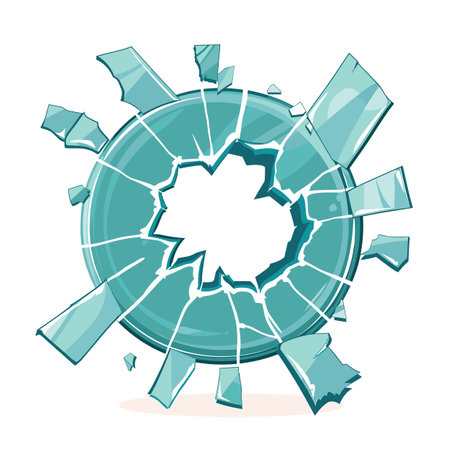 Shattered glass sphere breaking into pieces. Cracked globe symbolizing destruction broken world concept. Teal blue crystalline fragments against isolated white backgroundのイラスト素材