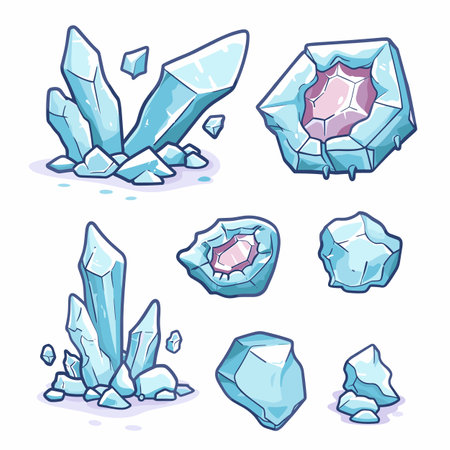 Collection various crystals gemstones, stylized cartoonish illustration. Crystals shades blue, resembling ice minerals, light dark tones dimension. Set gems includes both clustered formationsのイラスト素材