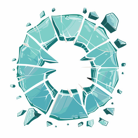 Circular broken glass pieces shatter center explosion turquoise. Shattered glass shards dispersed radial pattern turquoise hue. Cracked fragments radiating burst abstract graphic turquoiseのイラスト素材