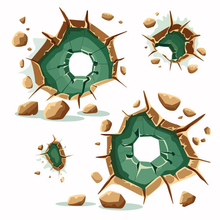 Set various sizes green cracked hole effects impact explosion surrounded debris. Creative concept superhero entry exit, action scenes comics animation. Cartoon style destruction holes isolated whiteのイラスト素材