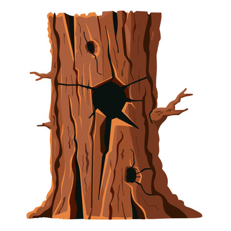 Old tree trunk illustration showing textured bark hollows. Cartoon style depiction brown tree, split cracked branches. Graphic design tree suitable environmental themesのイラスト素材