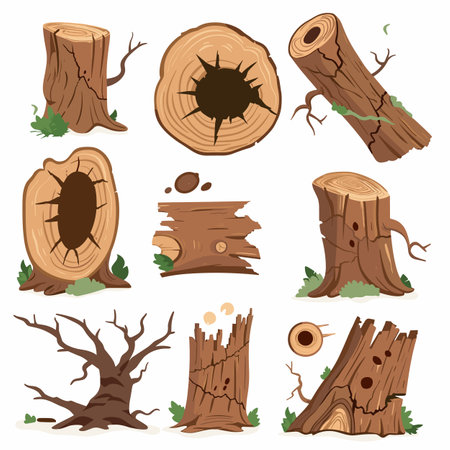 Collection various tree stumps logs, detailed wood textures, leaves scattered around, lumber, forestry logging themed elements, tree rings visible, stump log crosssections. Variousのイラスト素材