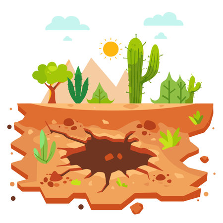 Desert landscape cross section cartoon illustration showing subsurface layers, ground crack, cacti mountains under sunny sky. Bright colorful drawing representing geological layers, desertのイラスト素材