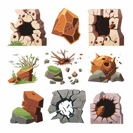 Collection various cracked rock formations, stylized sharp edges, earthy tones. Crumbling stone boulders, comic style, game assets environment design. Holes ground, broken rocks, debris scatteredのイラスト素材