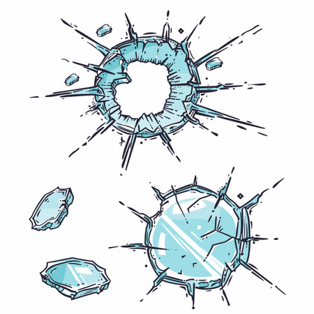 Broken glass holes vector illustration shattered glass sharp pieces. Blue tinted cracked effect handdrawn cartoon style isolated white background. Fragments destruction damage concept graphicのイラスト素材