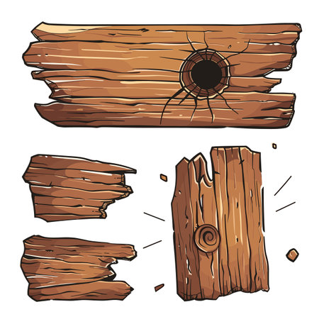 Wooden planks broken cartoon style illustration. Three separate pieces wood depicted, one bullet hole, another fractured. Timber graphics design elements, broken wood chunks, cartoon game assetsのイラスト素材