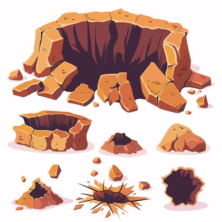 Various cartoonstyle cracked ground pieces holes illustrated. Warm earthy tones dominate color scheme. Illustration offers diverse cracked textures shapesのイラスト素材