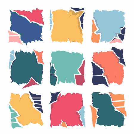 Collection torn paper scraps various colors shapes isolated white background. Nine ripped paper pieces graphic design elements. Creative torn textures collage backdropのイラスト素材