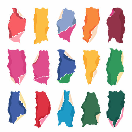 Collection colorful map silhouettes, geographical shapes isolated white background. Modern cartography, territorial borders, country outlines educational graphics. Diverse shades, map cutoutsのイラスト素材