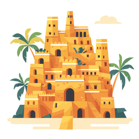 Illustration ancient ziggurat structure amidst palm trees, sandy landscape. Flat graphic Mesopotamian temple, historical architecture. Vector drawing Middle Eastern step pyramid, desert settingのイラスト素材