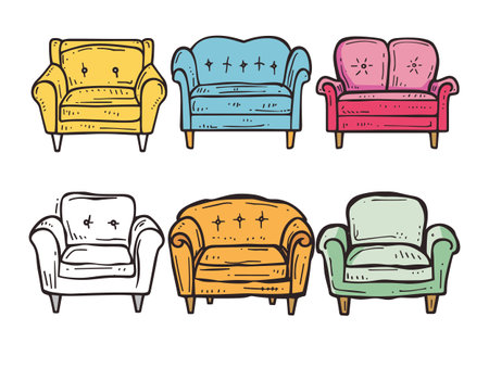 Handdrawn colorful armchairs sofa set. Vintage furniture illustration style, bright colors. Comfortable chairs cartoon, living room interiorのイラスト素材