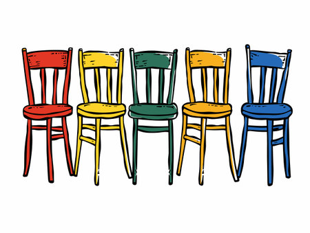 Five colorful chairs, unique color seat backrest against white background. Handdrawn style illustration red, yellow, green, orange, blue chairs. Wooden chairs colored seats, backrestsのイラスト素材