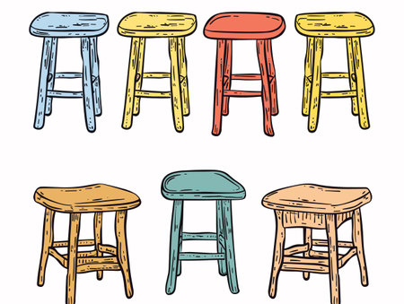 Six colorful wooden stools, sketched style, variety hues. Handdrawn furniture illustration, seating concept, rustic bar stools. Collection painted stools, interior design elements, isolated whiteのイラスト素材