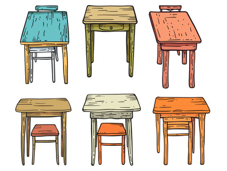 Six colorful handdrawn desks, various styles shades, school classroom furniture. Cartoon illustration wooden student desks, vintage look, isolated white background. Desks children education settingのイラスト素材