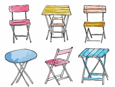 Handdrawn colorful folding chairs tables, sketchy illustration, pink yellow blue furniture. Casual outdoor seating design elements, simple bistro set doodles. Portable beach patio furniture, vibrantのイラスト素材