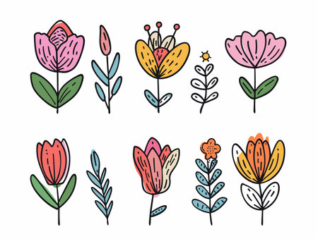 Handdrawn colorful flowers collection, various shapes designs, botanical doodles. Bright colors, playful floral designs cards, invitations fashion. Creative stylized botanical vector illustrationのイラスト素材