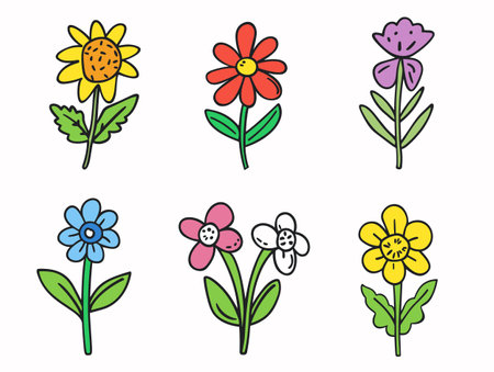 Handdrawn colorful flowers, cartoon floral collection, simple nature design elements. Six different flower illustrations, vibrant colors, isolated white background, garden plants. Childlike drawingのイラスト素材