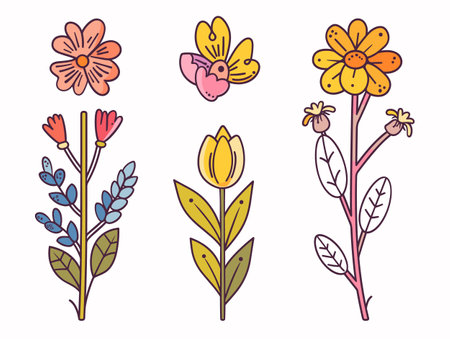 Handdrawn colorful flowers, vector illustration spring bloom. Set three different flowers leaves, botanical art. Floral design elements isolated white backgroundのイラスト素材