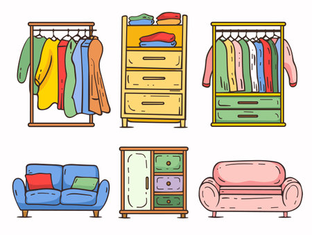 Colorful furniture set featuring wardrobe closet open clothes hanging, drawers colorful folded shirts, cushions living room. Cartoon style furniture interior design wardrobesのイラスト素材
