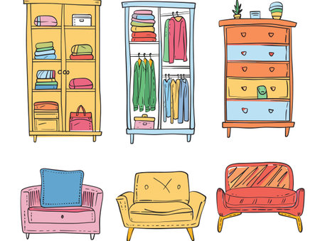 Handdrawn furniture set colorful wardrobe organized clothing sofa chairs home interior design elements. Cartoon storage cabinets drawers shelves neatly arranged clothes cozy living room decorationのイラスト素材