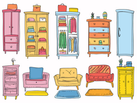 Colorful furniture assortment, wardrobes drawers full clothes, cozy home interior. Handdrawn style sofas chairs, modern home living room. Plant pots decoration stylish furniture, fashion wardrobeのイラスト素材