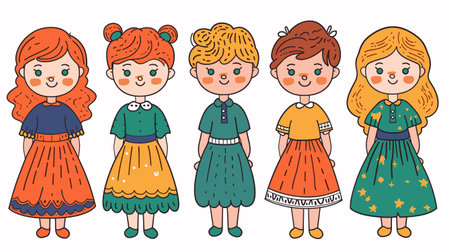 Five cartoon girls, standing, smiling, diverse hairstyles dresses. Characters colorful clothes, cute designs, friendly faces. Children illustrated, different hair colors, playful happyのイラスト素材