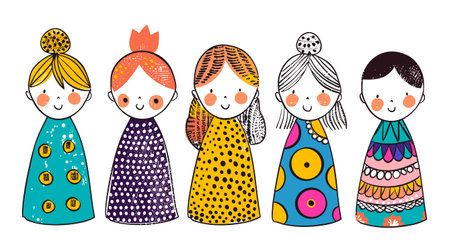 Five cartoon children standing side side, smiling, colorful dresses, unique hairstyles, cute faces. Childish artwork, vector characters, fun kids design, playful patterns dresses. Simple cheerfulのイラスト素材
