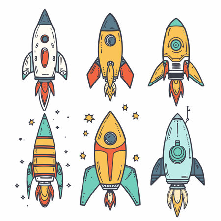 Set colorful cartoon rockets space travel launch spacecraft designs stars cosmos exploration. Cute handdrawn rocket ships pattern childrens book illustration space theme isolated white backgroundのイラスト素材