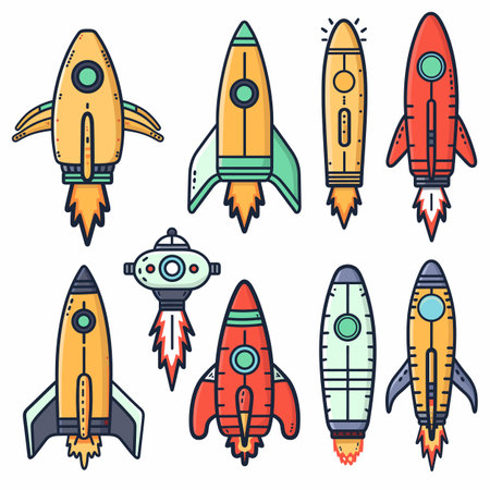 Collection colorful cartoon rockets spaceship flying, space exploration, childrens book illustration. Assortment retro rocket designs, vibrant colors, flat graphic style, outer space theme. Featuresのイラスト素材