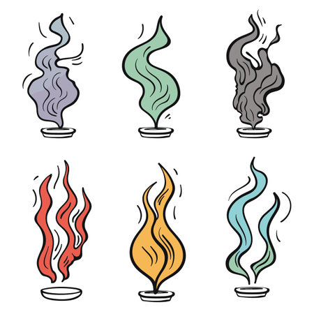 Six colorful flames smoke designs rising small bowls, artistic creative representation, cool warm colors, handdrawn style. Set fire smoke illustrations perfect fantasy, magic, incense themeのイラスト素材