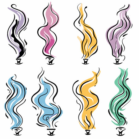 Set colorful abstract smoke swirls emanating incense burners, stylized graphic smoke illustrations, assorted colors. Artistic representation trails, incense designs, swirl patterns isolated whiteのイラスト素材