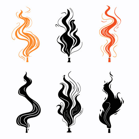 Abstract smoke set various designs swirling curving rising cigarette pipes. Artistic representation smoke wisps collection different styles shapes flames. Elegant trails graphic design elementsのイラスト素材