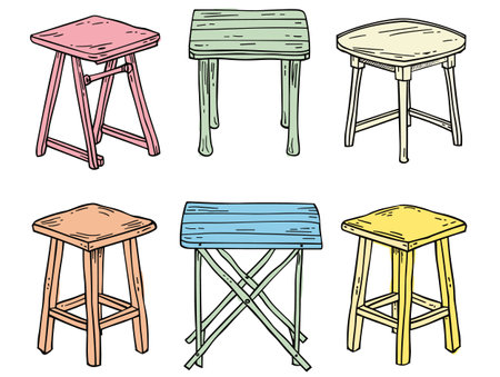 Handdrawn variety stools colorful sketch. Six different wooden stools, various designs colors. Quirky furniture, unique handcrafted stools, isolated white backgroundのイラスト素材