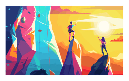 Two climbers reach summits against vibrant sunset backdrop. Male climber atop peak gestures triumphantly. Female climber looks onward neighboring summit, sunset adventure themeのイラスト素材