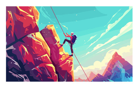 Male rock climber ascending steep cliff. Climber wearing helmet, harness, backpack, secured rope. Vibrant colors, mountainous landscape, adventure theme, cartoon styleのイラスト素材
