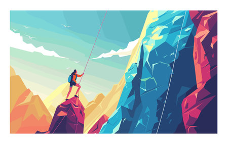 climber reaches summit colorful mountain using rope, surrounded birds bright sky. Person hiking vibrant rocky terrain peak, adventure theme. Bold geometric shapes depict outdoor extreme sportのイラスト素材