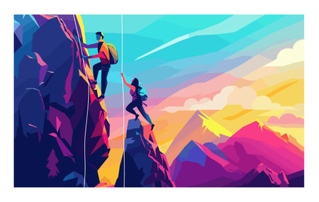 Two climbers ascending steep mountain cliff, colorful sunset sky backdrop. Male climber leading, reaching handhold rocky terrain female partner climbing behind, attached rope. Dynamic vibrantのイラスト素材