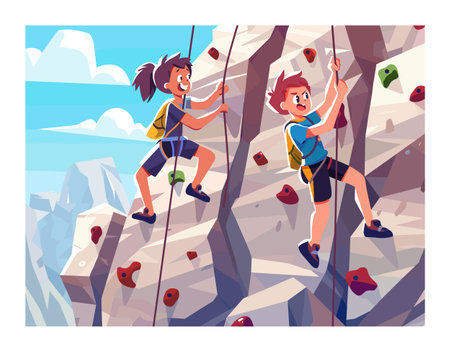 Two children rock climbing against scenic sky mountain background. Boys displaying teamwork adventurous spirit while engaged outdoor sport activity. Young climbers equipped harnesses, ropes, safetyのイラスト素材