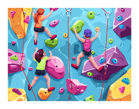 Two children climb colorful walls climbing gym, secure ropes, climbing holds visible. Young climbers wearing helmets engage indoor rock climbing, vibrant colors background. Kids practice sportのイラスト素材