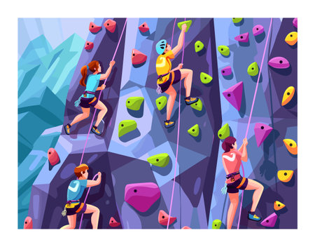 Three climbers scaling colorful indoor rock climbing wall, different stages ascent. Characters wearing climbing harnesses, helmets, shoes safety grip. Dynamic, sporty activity vibrant, stylizedのイラスト素材