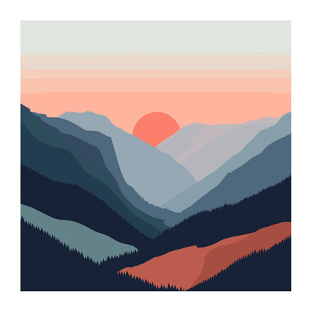 Sunrise over mountainous landscape, peaks valleys under warm sky. Layered mountains silhouette, dawn color palette, tranquil nature scene. Contemporary graphic design wilderness sunrise, sereneのイラスト素材