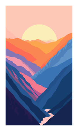 Illustration colorful mountain range during sunset, depicting layers hills warm cool hues. Gradient mountains pastel pink sky, sun peeking above peaks. Artistic mountain landscape, graphic designのイラスト素材